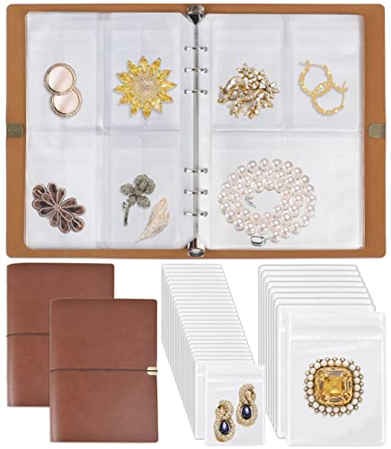 Jewelry Organizer, 2 Pack Jewelry Storage Book with Pockets, Foldable Earrings Travel Album, PU Leather Accessories Holder Booklet for Bracelets Necklace Rings (128 Grids+128 Anti-Oxidation PVC Bags) - color: A-brown-2pc