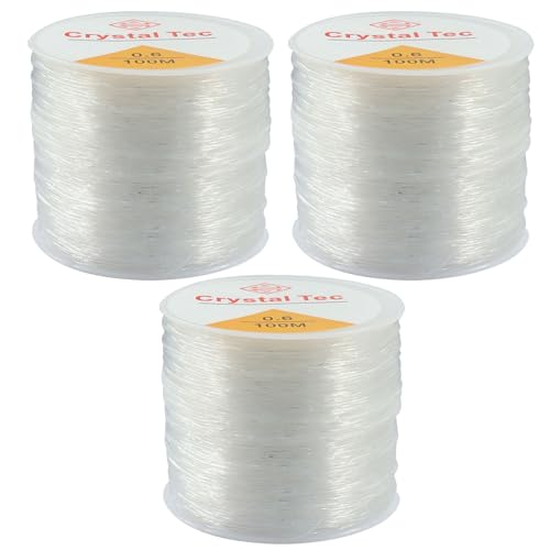Zorfeter 3 Rolls 0.6mm Elastic Stretch Thread, Stretchy Bead Cord Crystal String Bracelet String, Clear Beaded Cord for Bracelet Beading and Jewelry Making(328FT/100M) - size: 0.6 mm