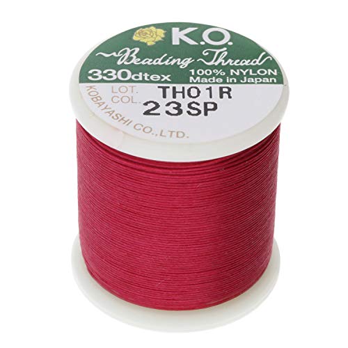 KO Nylon Beading Thread, Scarlet Pink Color, Japanese Pre-Waxed 100% Nylon, 330TEX, Tangle Resistant Knotting Cords, 50m /55 yds Spool, Use for Seed Bead Projects, Loom Work & Bead Weaving - color: Scarlet Pink