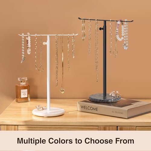 White Necklace Holder Jewelry Organizer Stand – Adjustable Height T‑Bar Jewelry Display with White Marble Base, Necklace & Bracelet Holder, Countertop Jewelry Tree - color: White