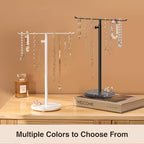 White Necklace Holder Jewelry Organizer Stand – Adjustable Height T‑Bar Jewelry Display with White Marble Base, Necklace & Bracelet Holder, Countertop Jewelry Tree - color: White