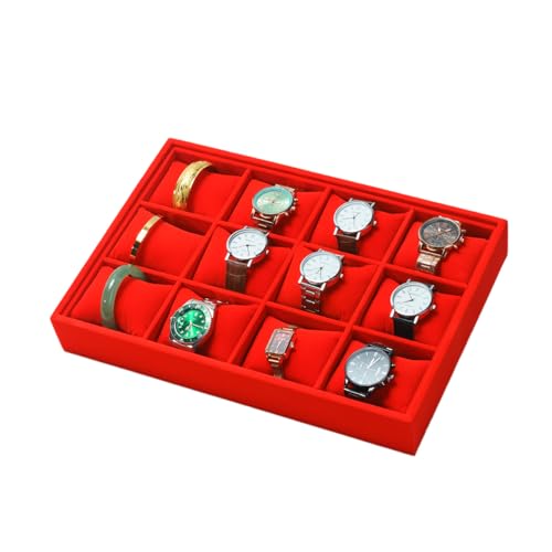 Jewelry Watch Tray, Red Velvet Watch Jewelry Organizer 12 Grid, Stackable Watch Bracelet Bangle Display Holder, Adjustable Pillows, for Man Woman Show Birthday - color: Red