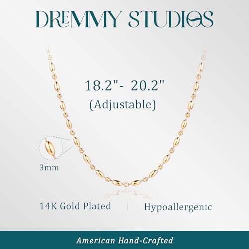 Dremmy Studios Dainty Gold Choker Necklace for Women 14K Gold Plated Coin Disc Figaro Layered Beaded Flat Mariner Sideways Cross Wishbone Link Clavicle Necklaces - style: 3.0mm Beaded Chain