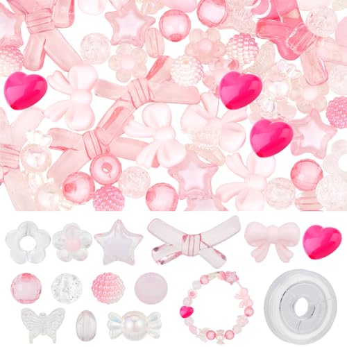 SUNNYCLUE 150Pcs 13 Style Acrylic Assorted Pastel Beads Transparent Flower Beads Candy Faceted Star Heart Butterfly Bead Round Beads,150Pcs Pink Themed Assorted Beads(DIY-SC0020-60D-7SC) - color: 150pcs Pink Themed Assorted Beads