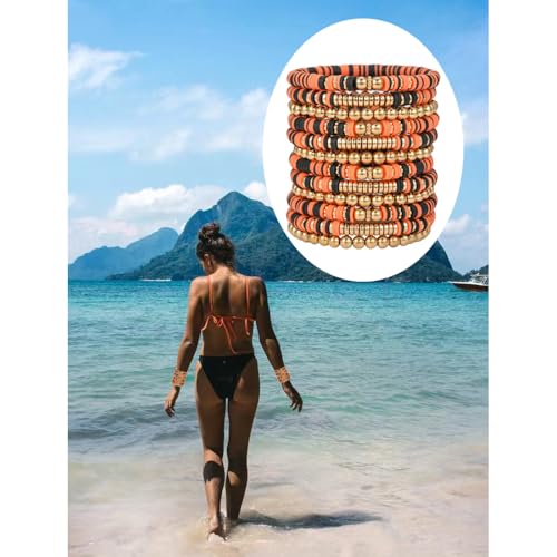 12pcs Friendship Bracelets Beaded Bracelets Heishi Bracelet Cute Bracelets Stack Vinyl Clay Disc Bead Surfer Stretch Summer Beach Bracelets For Women Preppy Bracelets - color: B-color 10A