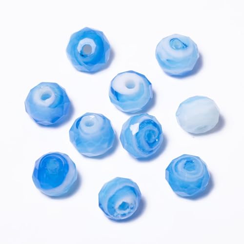 7.5×10mm 50pcs Light Blue White Faceted Lampwork Glass Beads for Jewelry Making, Flat Round Handmade Murano Beads for Bracelets, Crafts, Friendship Bracelet Kit, Rosary Making - color: Light Blue White
