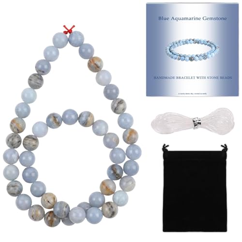 Stone Beads, 45pcs Blue Aquamarine Gemstone, 8mm Round Loose Beads for Jewelry Making, Bracelets, with Bag, String & Card - color: Blue Aquamarine, size: 8mm