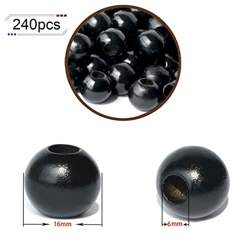 240Pcs Black Wood Beads 16mm for Craft Large Hole Wood Beads Hole:6mm (Black) - color: Black