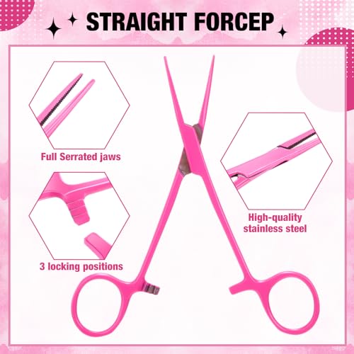 BBTO Hemostat Curved and Straight Hemostat Forceps Piercing Pliers Forceps, Stainless Steel Straight and Curved Pliers, Fishing Tweezer(Pink,2 Pcs) - color: Pink
