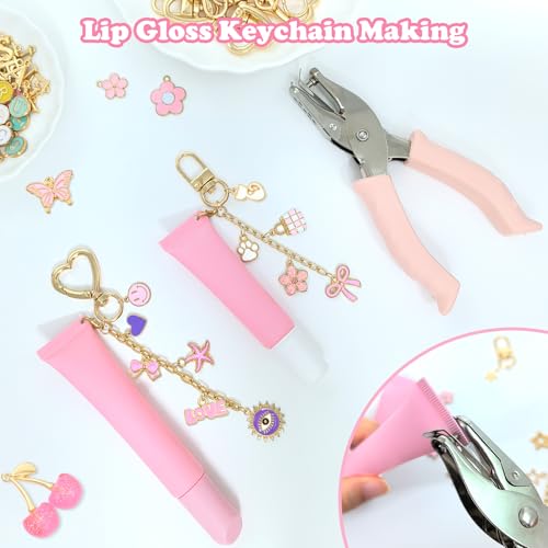 328Pcs Charms Lip Gloss Keychain Making Kit, DIY Keychain Supplies with 128 Charms, 20 Clasps, Jump Rings, Chain, Jewelry Plier, Hole Punch, Bag Charm Kit, Jewelry Making Kit for Crafting Keychains - color: Gold-328Pcs Kit