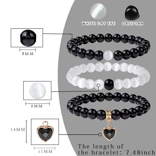 Vinswet Healing Crystal Beaded Bracelets for Women,Natural Amethyst Gemstones Bracelet,Anxiety Stress Relief Heart Charm Bracelet Handmade purple Jewelry Gifts for Women - color: Black agate&Moonstone