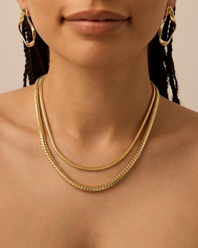 PAVOI 14K Gold Plated Chunky Chain Choker Necklaces for Women | Gold Statement Graduated Link Chain Necklace | Bold Oval Link Barbell Links Paperclip Chains - style: Snake - 3MM