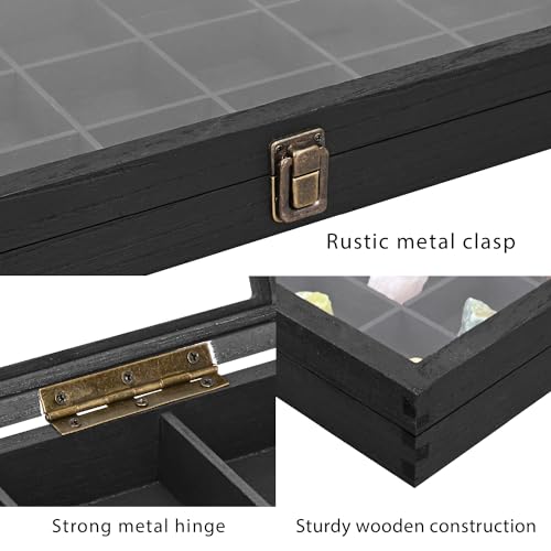 MOOCA Wooden Jewelry Display Case with Tempered Glass Lid & 18 Compartments Tray, Rock Collection Box, Crystal Display Case, Black Color - color: Black