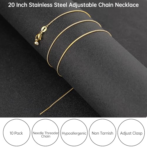 GTVOODX 10Pcs 18k Gold Plated Snake Chain Necklace Stainless Steel 1mm Threader Adjustable Necklace Bulk with Rubber Stoppers for Jewelry Making 20 Inches - color: Gold Snake