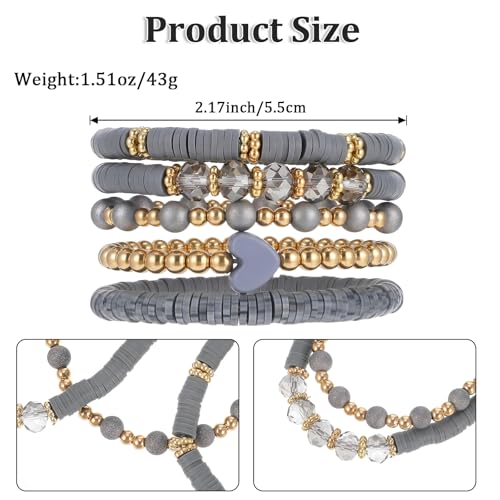 5Pcs Beaded Bracelets for Women, Bohemian Glass Faceted Crystal Beads Bracelet, Stackable Boho Disco Ball Stretch Bracelets, Multilayered Purple Jewelry Gift for Women, Mother's Day - color: Gray