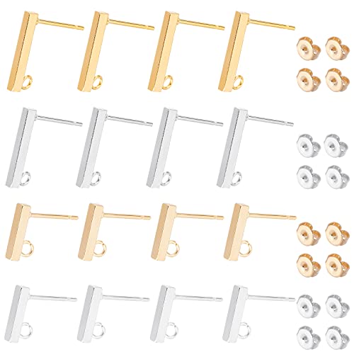 SUNNYCLUE 1 Box 40Pcs 4 Style 304 Stainless Steel Stud Earring Findings with 40 Pcs Stainless Steel Ear Nuts Earring Posts with Loop for Jewelry Making Earrings Supplies DIY Craft Adult Women - color: 20 Pairs Bar Shape Stud Earring Findings