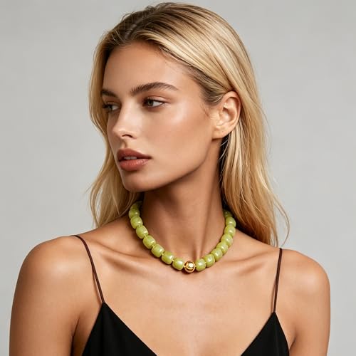 Chunky Acrylic Resin Beaded Necklace for Women Colorful Large Round Choker Adjustable Stack Acrylic Beads Necklace Resin Summer Party Jewelry - style: Olive Green