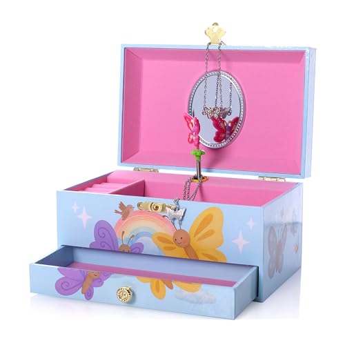The Memory Building Co Butterfly Musical Jewelry Box Plays Classic Melody, Storage Organizer Music Box for Kids Ages 6-12, MDF Wood w/ 2 Fabric Lined Ring Bracelet Necklace Treasure Compartments - style: Butterfly