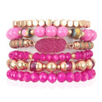 RIAH FASHION Bohemian Acrylic Druzy Multi-Layer Bead Statement Bracelet - Versatile Faux Stone Pendant Stretch Strand Stackable Cuff Bangle Set Sparkly Crystal - color: Bohemian Oval Druzy Set - Hotpink