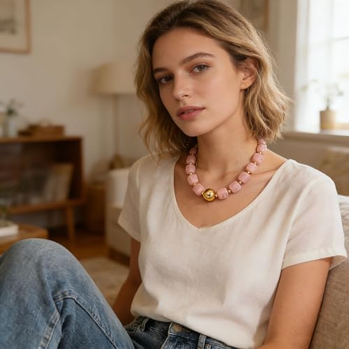 Colorful Beaded Choker Necklace for Women Boho Large Square Acrylic Beaded Necklace Adjustable Surfer Beach Strand Necklces Summer Jewelry Accessories - color: Pink