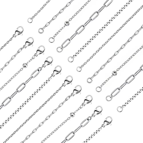 stino 20 Pack (5 Styles) No Tarnish Stainless Steel Chains for Jewelry Making, Bulk Silver Plated Chains, Satellite, Paper Clip, Lip, Rolo, Cable Mixed Styles (Silver (21 inch)) - color: Silver (21 inch)