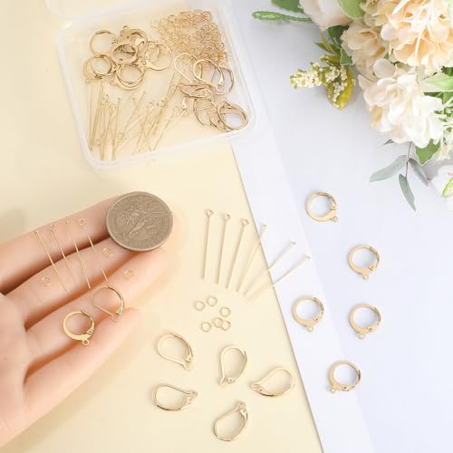 1 Box 180Pcs 18K Gold Plated Leverback French Hooks Stainless Steel Earring Findings Kit Eye Pin Head Pins Jump Ring Open Loop French Earwire Lever Back Earrings Findings for Jewelry Making - color: Gold