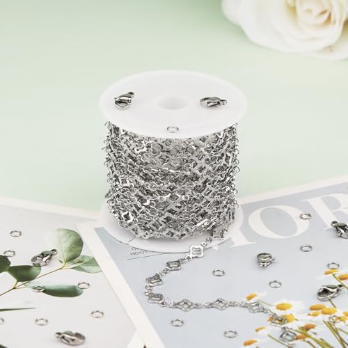 KYUNHOO 13 Feet Stainless Steel Jewelry Making Chains Silver Bulk Jewelry Hollow 4 Leaf Clover Chain for Making Crafts with Jump Rings Lobster Clasps - color: Leaf Clover Silver