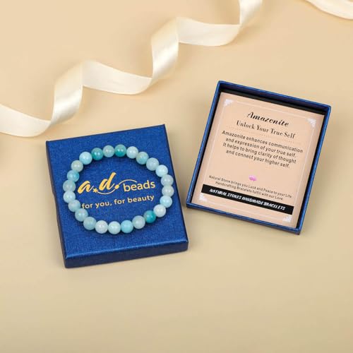 AD Beads Handmade Gemstone Stretch Elastic Bracelet Crystal Healing Reiki Nature's Beauty and Spiritual Essence Unisex - color: Amazonite (Unlock Your True Self), size: 8mm