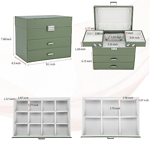 Dajasan Jewelry Organizer Box, Large Jewelry Boxes for Women Girls, Space-Saving 4 Layers Jewelry Storage Case with Drawer, Movable Metal Stand, Modern, Gift Idea (Green) - color: Avocado Green + Silver