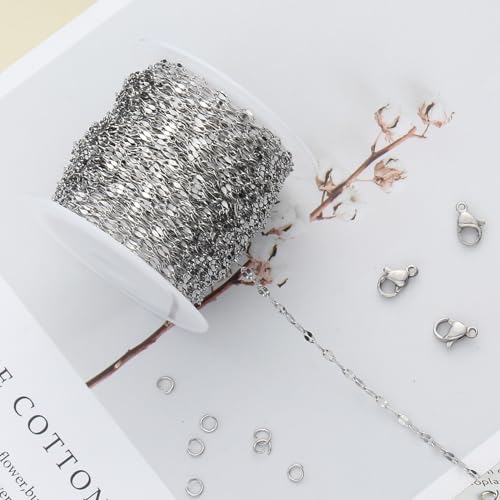 Kyutong Silver Necklace Chain for Jewelry Making Stainless Steel Cable Link Chain Bulk Thin Jewelry Making Supplies Chains with Lobster Clasps Jump Ring for Craft DIY Necklace Ankle Making - color: Silver Lip