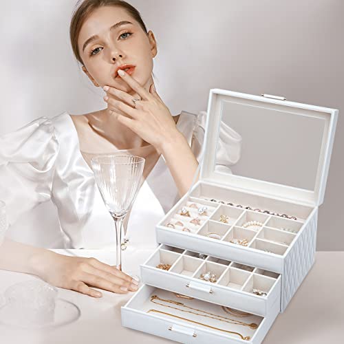Jewelry Box with Glass Lid, Jewelry Organizer Box 3-Layer with 2 Drawers, Jewelry Boxes for Women Storage Earring Necklace Watch Bracelet and Rings - White - color: White 3-Layer