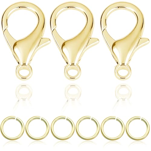 90Pcs Fadeless Lobster Claw Clasps (10mm) & Jump Rings for Jewelry Making, Necklace Bracelet Findings & Supplies (14K Gold Plated) - color: 14K Gold Plated