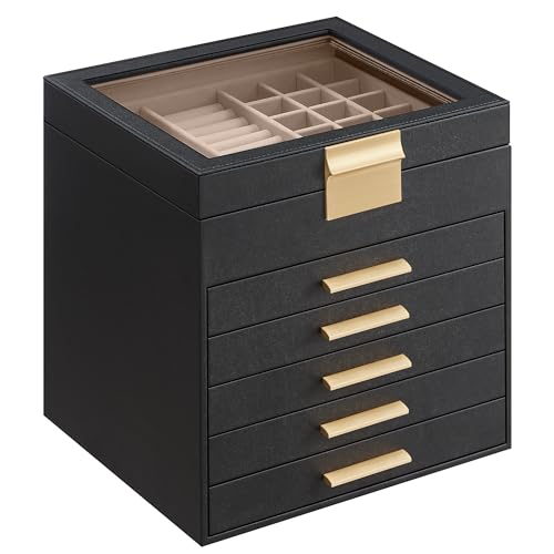 SONGMICS GISELLA Collection - Jewelry Box Organizer, 6-Layer Jewelry Storage with 5 Drawers, Shiny Metal Hardware, Glass Lid, Modern, 8 x 9.1 x 9 Inches, Ink Black and Gold Color UJBC176B01 - color: Graphite Black + Gold, size: 6 Layer (8"D x 9.1"W)