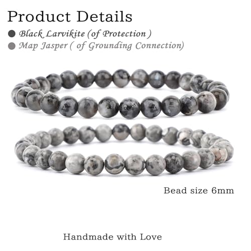 NCB 2.3-Piece 4mm Natural Crystal Gemstone Stretch Bracelets – Handmade Reiki Energy Healing Jewelry for Meditation,Yoga, Unisex - color: 2PCS ( Black Larvikite+Map Jasper ), size: 6mm