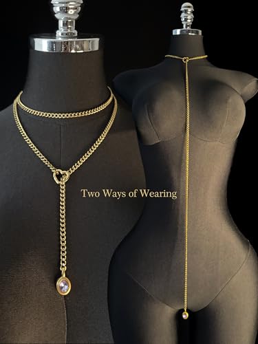 Heart Slip Chain Necklace for Women, 39 Inch Cuban Chain, Removable Heart O-Ring, Crystal Pendant, Adjustable Stainless Steel Y-Necklace - color: Gold-Purple