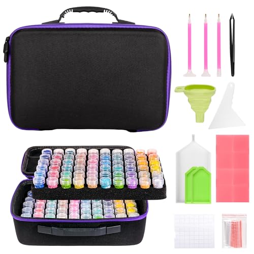 MERATIA 120 Slots Diamond Painting Storage Container, Diamond Art Kits for Adults Stackable Bead Organizer with Carrying Handle, Craft Storage Box with Accessories (Purple-120 Slots) - color: Purple-120 Slots