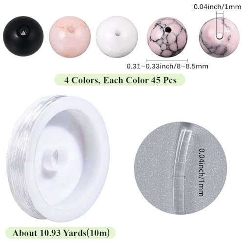 SUNNYCLUE 1 Box 180pcs Stone Beading Kit 8mm Gemstone Beads Black Pink White Jade Synthetic Turquoise Round Loose Spacer Beading Bulk with Elastic Cord for Jewelry Making Bracelets Necklaces Supplies