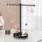 bodkar Jewelry Necklace Organizer Stand,12.9" Tall Sturdy Metal Jewelry Stand with Round Tray for Bracelet Bangles Holder Display,Long Necklace Organizer Holder (black) - color: Black
