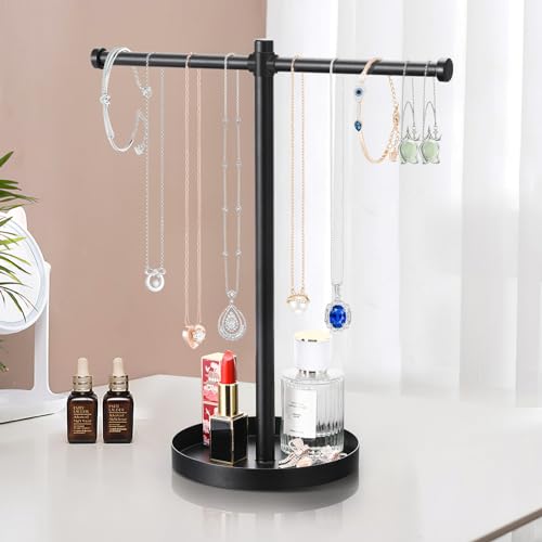 bodkar Jewelry Necklace Organizer Stand,12.9" Tall Sturdy Metal Jewelry Stand with Round Tray for Bracelet Bangles Holder Display,Long Necklace Organizer Holder (black) - color: Black