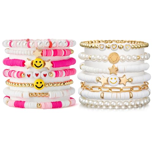 LieToi Preppy Heishi Bracelets Set Colorful White Gold Smile Heart Star Evil Eye Beaded Polymer Clay Pearl Stackable Charm Y2K Kidcore Summer Beach Bohemian Layering Bracelets Jewelry for Women Girls Teens - color: 14Pcs-Pink White