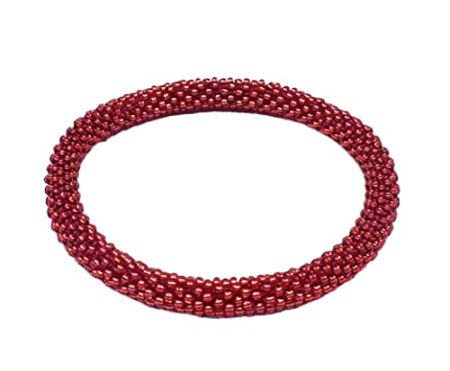 Wigspedia Crochet Glass Seed Bead Nepal Boho Bracelet - Single Piece Solid - color: Red