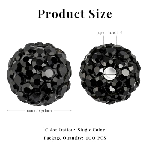 100Pcs 10mm Black Rhinestone Beads for Jewelry Making, Shiny Round Disco Ball Sparkly Beads Bulk with 10-Grid Storage Box for DIY Baseball Necklaces Shamballa Bracelets - color: Black