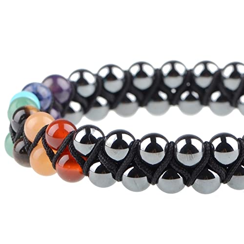 MASSIVE BEADS Double Layer Natural Chakra Healing Power Crystals Macrame Bracelet Yoga Stone Beads Gemstone Meditation Relax Anxiety Bangle for Unisex Women Men - color: 7-Chakras&Hematite, size: 4mm
