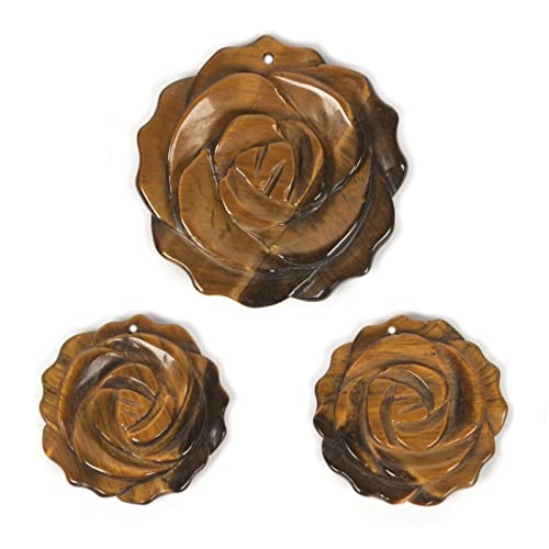 Justinstones 3pcs Carved Gemstone Flower Pendant Earrings Beads Set For Jewelry Making DIY 1.3 Inch & 1 Inch - color: Yellow Tiger Eye
