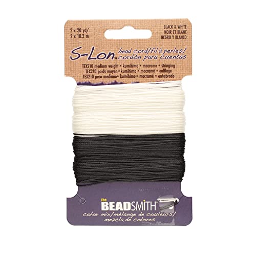 The Beadsmith S-Lon Bead Cord – .5 mm Twisted Nylon Cord for Stringing, TEX210, Black & White Mix, 2 Colors, 20 Yards Each Color - color: Black & White