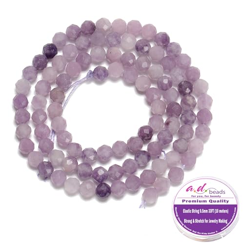 AD Beads Natural Gemstone Diamond-Cut Micro-Faceted Round Tiny 4mm Small Round for DIY Necklace Jewelry Making Beads (Lilac lepidolite) - color: Lilac lepidolite