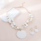 Layered Beads Statement Fashion Necklace Chunky Jewelry Set Big Colorful Glass Stone Circle Shell Pendant Choker Necklace and Earring Set for Women - color: white