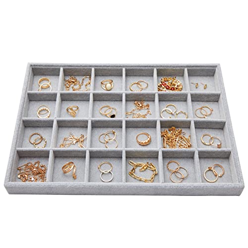 Juvale Velvet Jewelry Organizer Tray - Earring Tray Insert with 24 Compartments - Stackable Jewelry Drawer Organizer - Includes Bracelet Holder Slots - Gray, 14 x 10 in - size: 24 Grids
