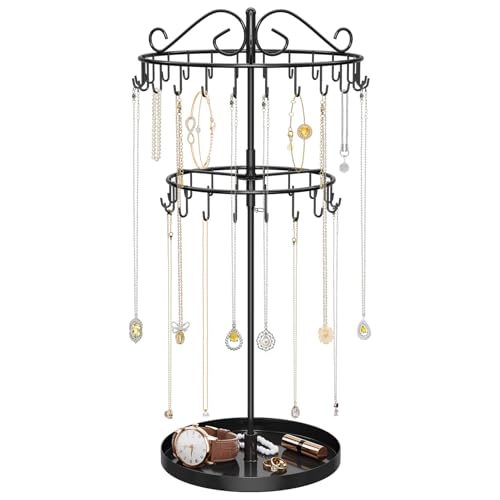 iDavosic.ly 2 Tier Rotating Necklace Organizer with Jewelry Tray, Adjustable Metal Necklace Holder with 42 Hooks, Extra Tall Bracelet Keychain Spinning Display Stand Tree Tower for Women, Black - color: Black with Tray