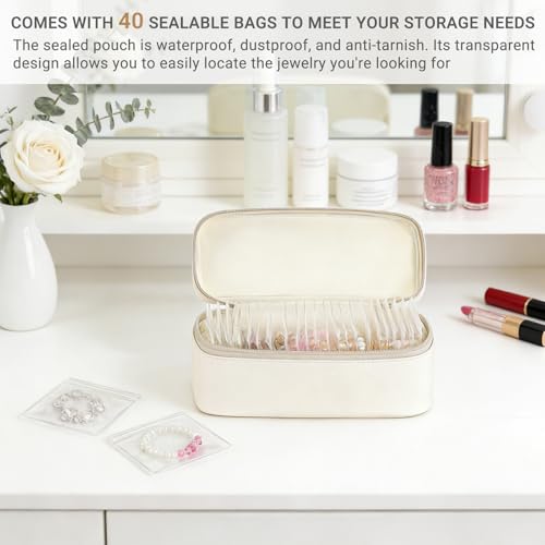 Mkono Travel Jewelry Case, Leather Travel Jewelry Organizer with 40 PVC Bags for Necklaces, Earrings, Rings, Bracelets Jewelry Box Storage Ideal for Trips & Gifts